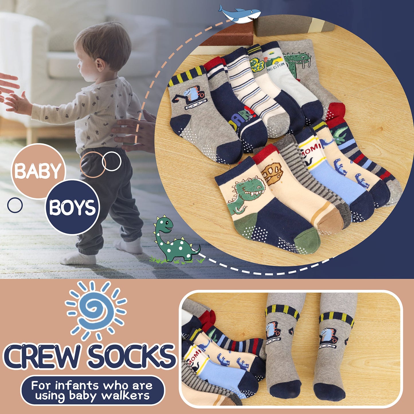 Antsang Baby Boys Grips Socks Kids Toddlers Infants Non Slip/Anti Skid Crew Cotton Socks 12 Pairs (Boy'S-Dinosaur(12 Pairs),1-3
