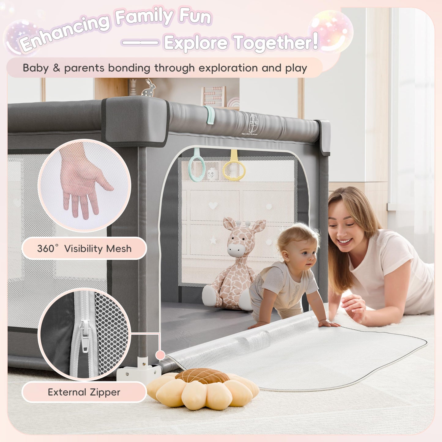 Xilingol 50 ' X 50 ' Foldable Playpen, Potable Baby Play Yard With Carry Bag, Baby Gate Playpen With Anti-Slip Suckers & Zippe