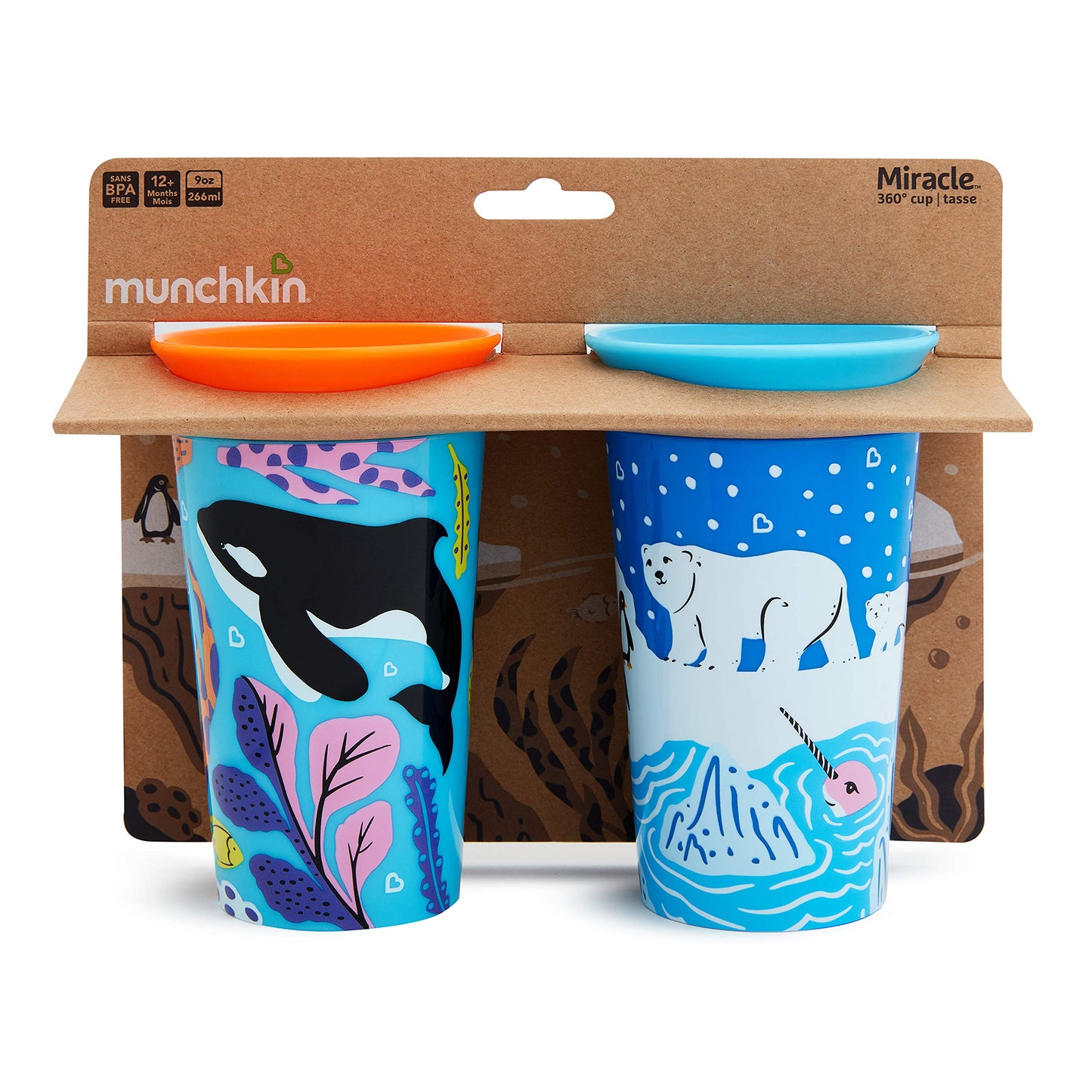 Munchkin Miracle 360 Wildlove Sippy Cup, 9 Ounce, 2 Pack, Polar Bear/Orca