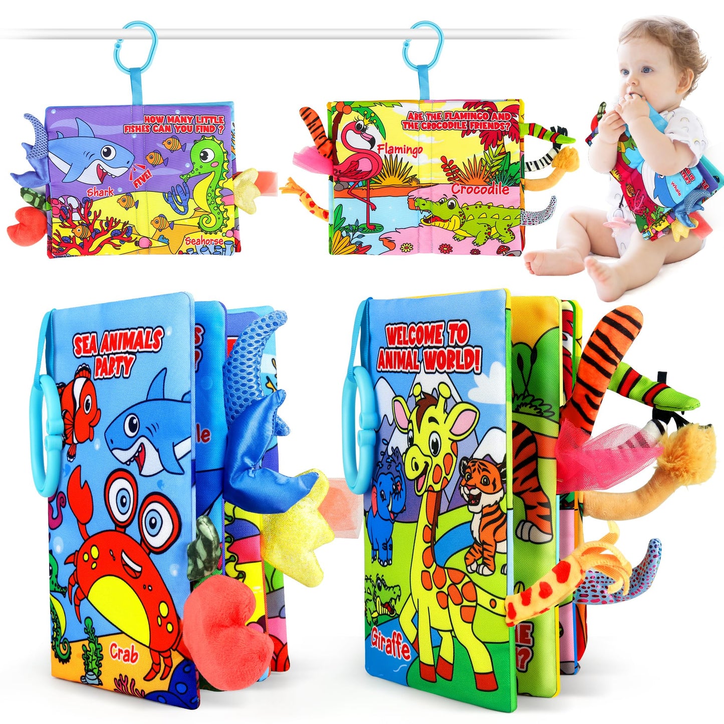 Vanmor Soft Baby Books for 0-18 Month Olds - 2PCS Crinkle Cloth Books with Forest & Ocean Themes, Tummy Time Toys for Infants, S