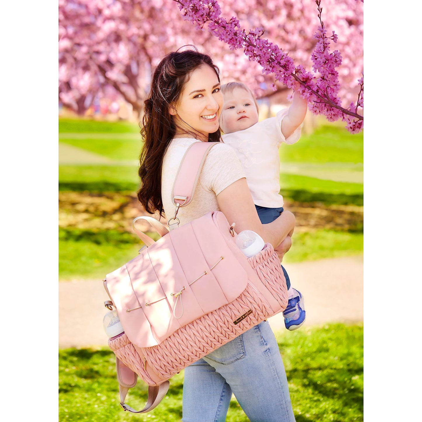 Hannah & Sophia Belle Convertible Baby Diaper Backpack & Bag In Pink Polyester With Classic Style
