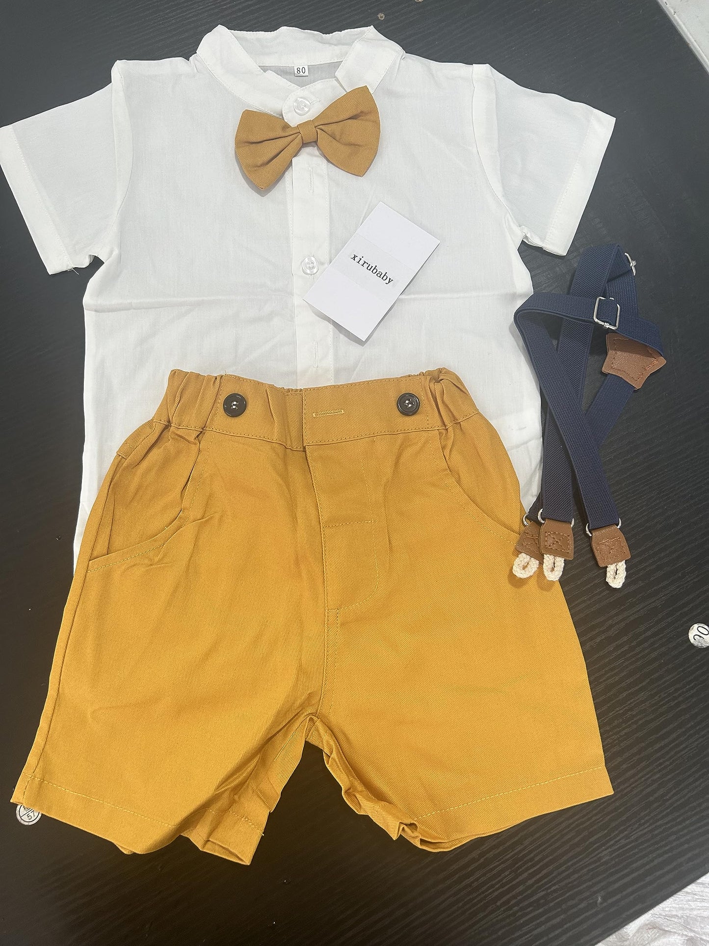 Xirubaby Baby Boys Short Sleeve Gentleman Bowtie Overalls Outfit Suits Set(80/12-18M, Yellow)