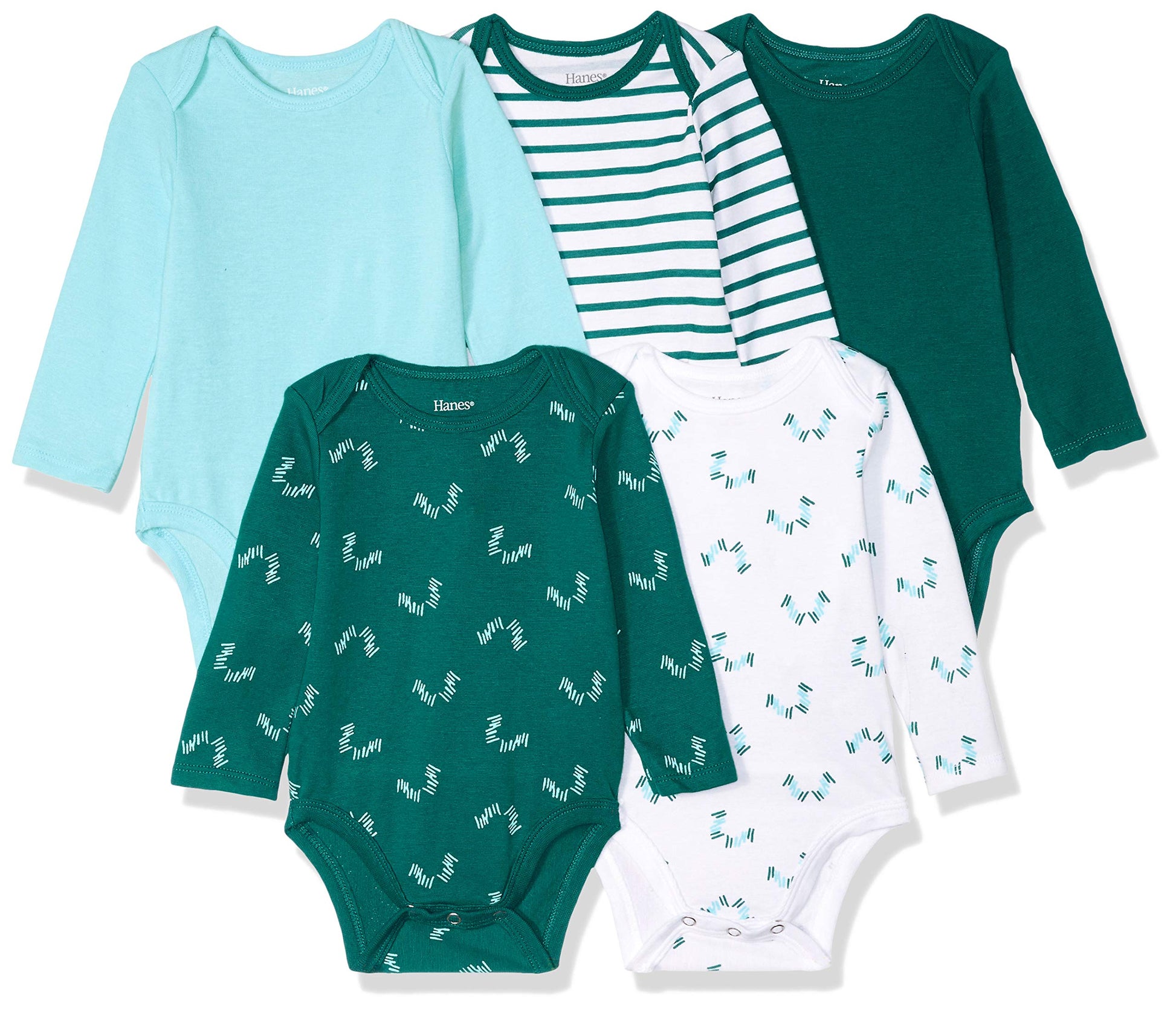 Hanes Baby Boys Ultimate Flexy 5 Pack Long Sleeve Bodysuits Bodystocking, Greens, 0-6 Months Us