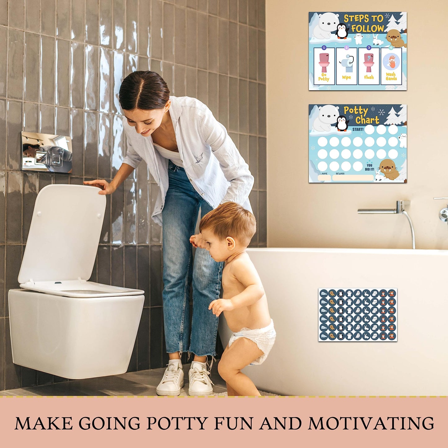 Winter Animals Potty Training Sticker Chart, 10 Potty Charts With 216 Round Stickers & 1 Instruction Sheet, Potty Reward Sticker