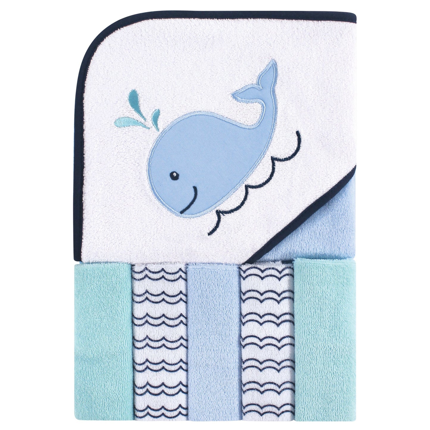 Luvable Friends Unisex Baby Hooded Towel With Five Washcloths, Cotton, Boy Whale, One Size