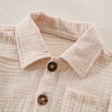 Baby Boys Clothes Set Toddler Infant Boys Button-Down Shirt Tops + Cotton Gauze Shorts Summer Outfit 2Pcs With Pockets (Beige, 1