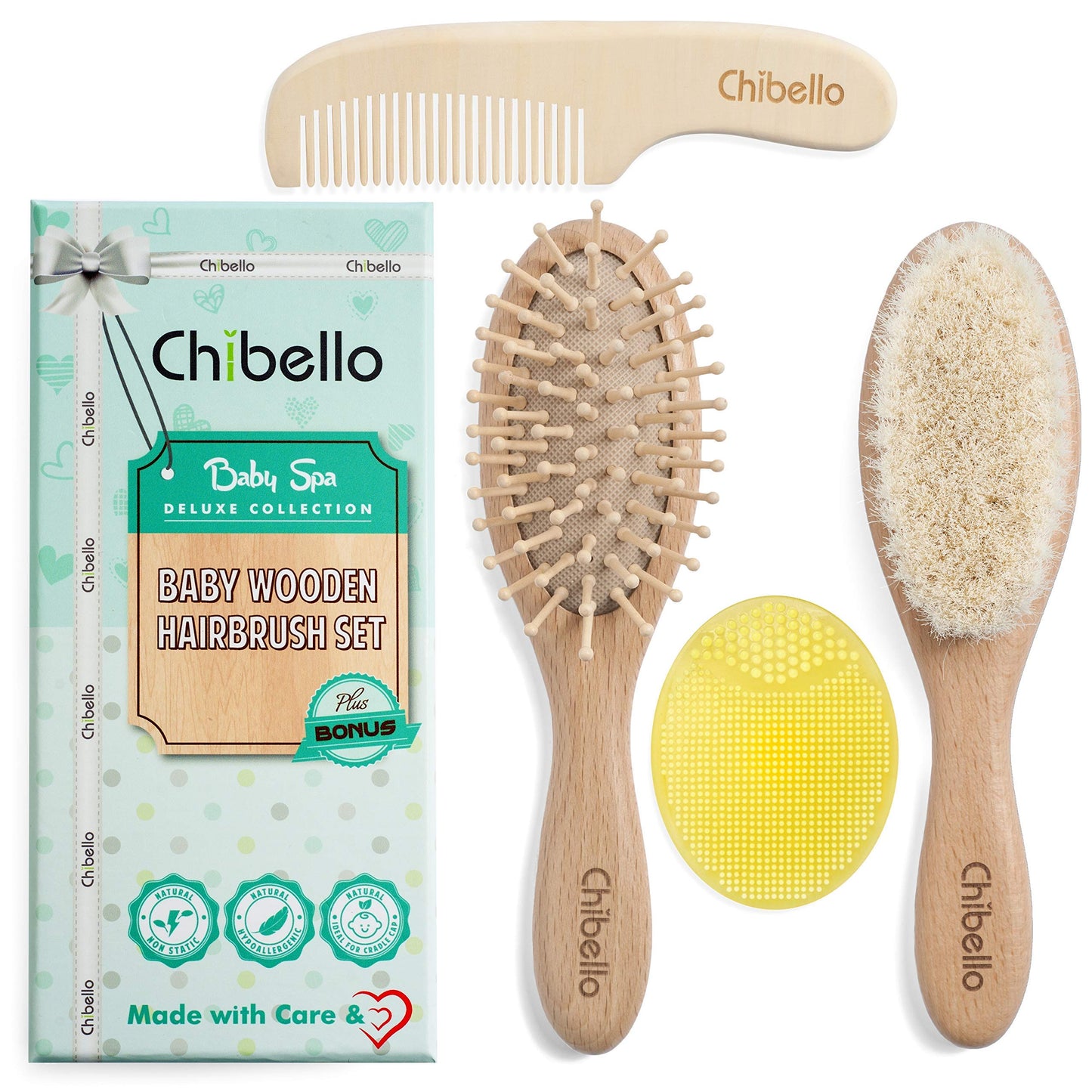 Chibello 4 Piece Wooden Baby Hair Brush And Comb Set Natural Goat Bristles Brush For Cradle Cap Treatment Wood Bristle Brush For