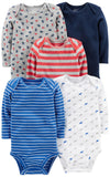 Simple Joys By Carter'S Boys' 5-Pack Long-Sleeve Bodysuit, Blue/Grey Trucks/Red Stripe, 12 Months