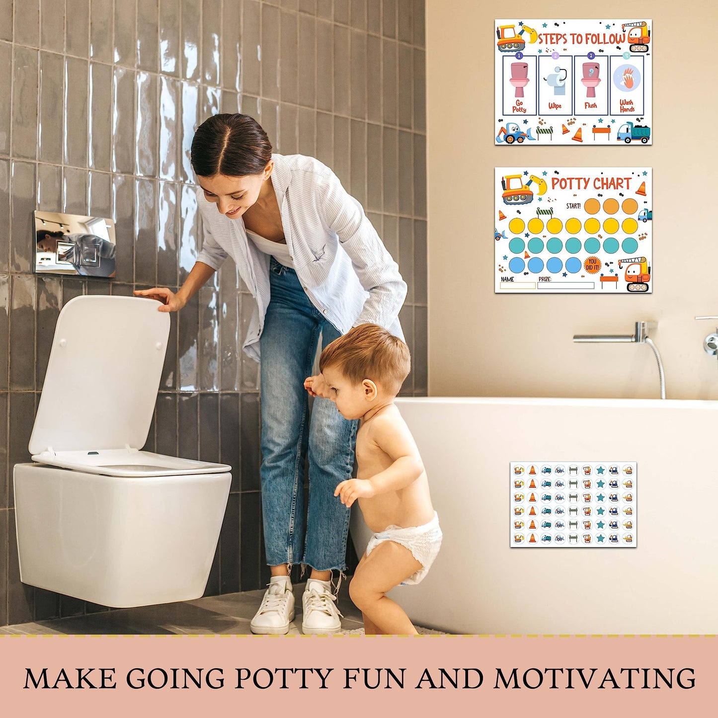 Construction Potty Training Sticker Chart, 10 Potty Charts With 216 Round Stickers & 1 Instruction Sheet, Potty Reward Sticker C