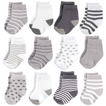 Hudson Baby Unisex Cotton Rich Newborn And Terry Socks, Gray White Star, 0-6 Months