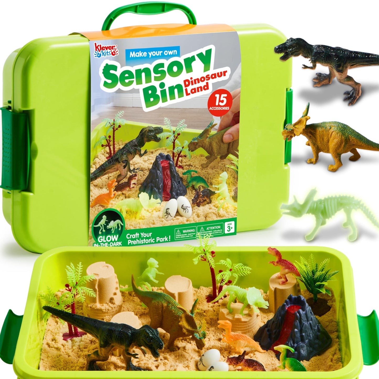 Klever Kits Dinosaurs Sensory Bin Toys for Toddlers with Glow in The Dark Dinosaurs, Sandbox with Lid Magic Sand, Preschool Lear