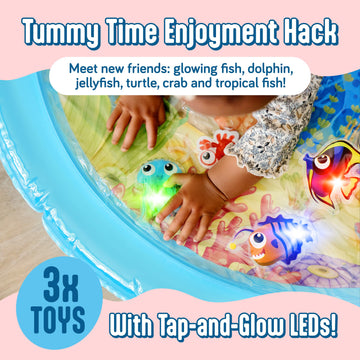 Splashez Lights Up Tummy Time Water Mat For Babies, 30' X-Large Baby Water Mat Tummy Time For Sensory Play With Led Glowing Fis