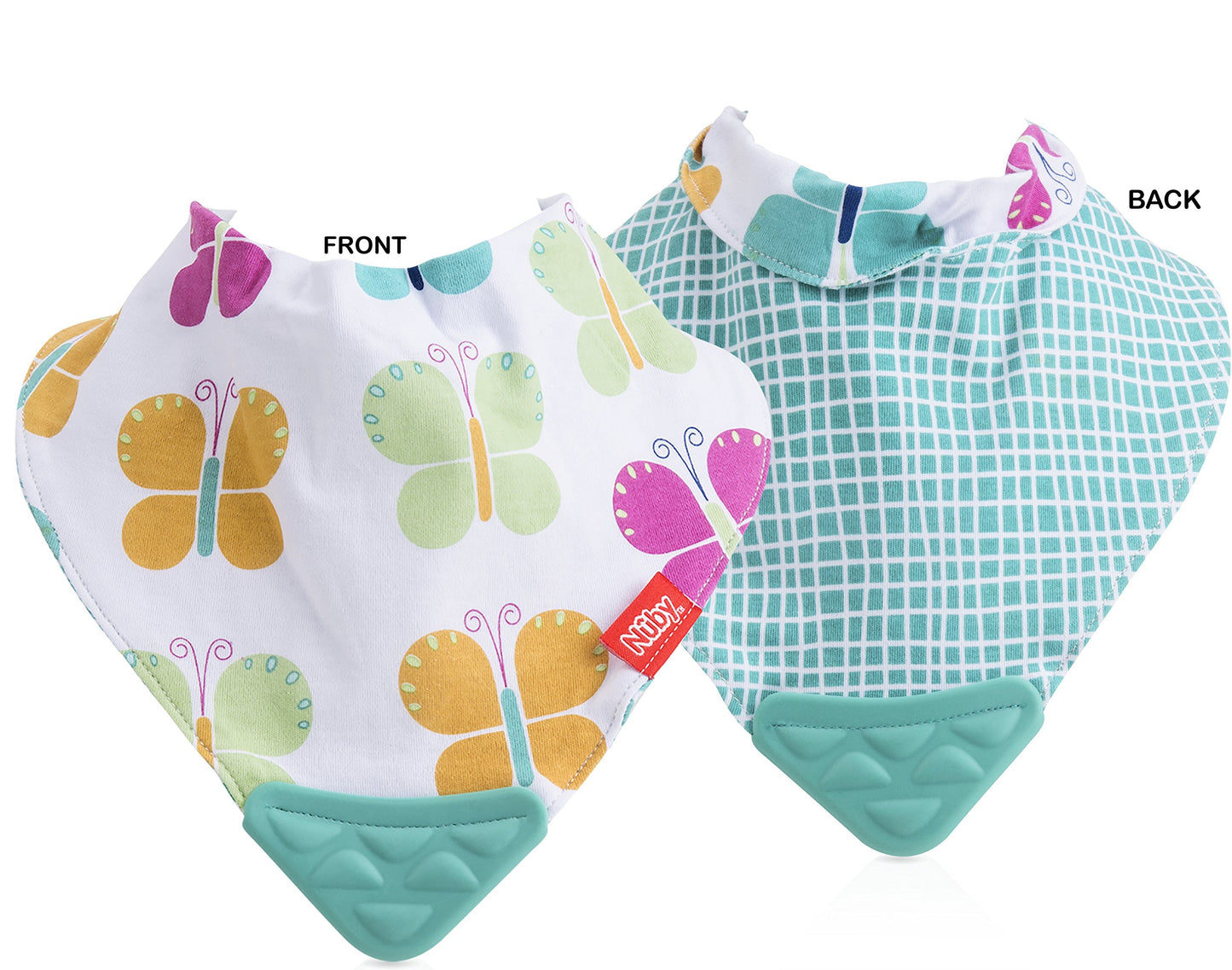 Nuby Reversible 2 Piece Teething Bib, Pink Flower, Aqua Butterfly, 3 Mo +