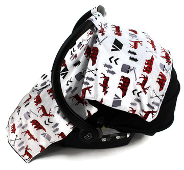 Dear Baby Gear Car Seat Canopy, Woodland Adventure Bear Moose Plaid, Minky Black