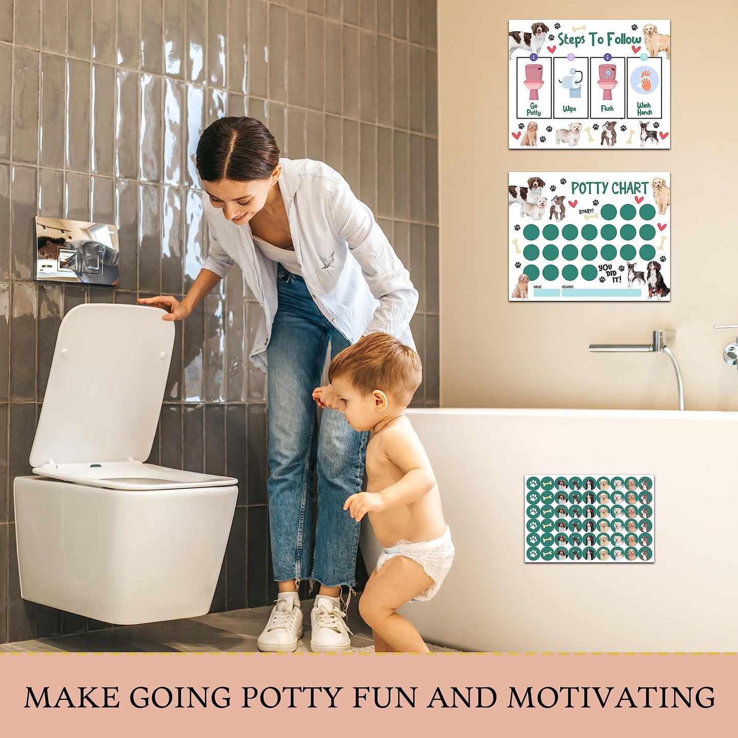 Dog Potty Training Sticker Chart, 10 Potty Charts With 216 Round Stickers & 1 Instruction Sheet, Potty Reward Sticker Chart For