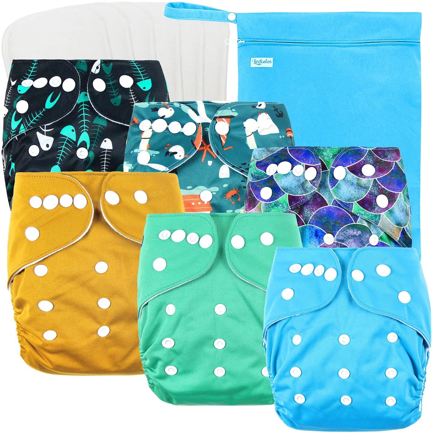 Leekalos Cloth Diapers Reusable for Boys and Girls, Baby Diaper Cloth with Inserts & Wet Bag One Size