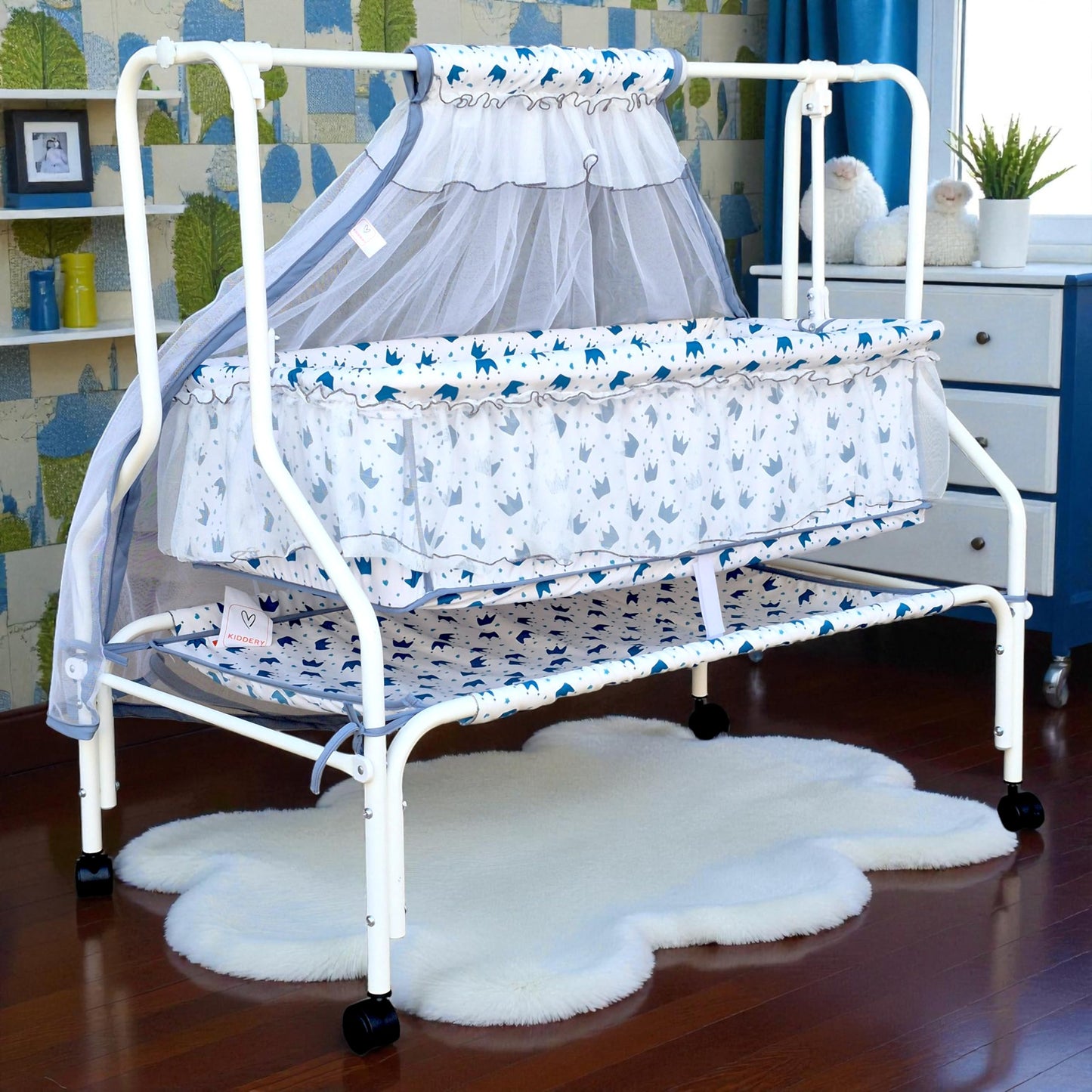 Kiddery Cronus | Cradle For Baby | New Improved Mattress Design | Mosquito Protection Net | Smooth Swing | All Wheel Lock | Paln