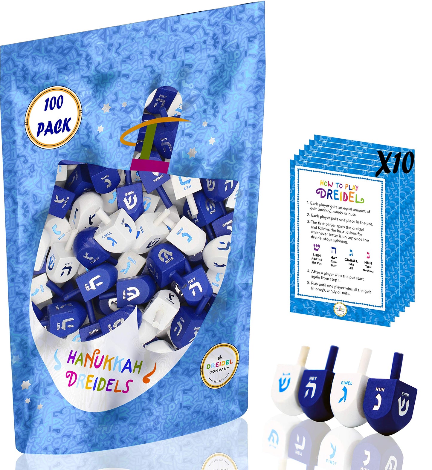 Wood Dreidel 100 Solid Blue & White Wooden Hanukkah Dreidels Hand Painted With English Transliteration - Includes X3 Game Instru