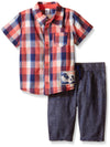 Petit Lem Baby Boys' 2 Piece Set Short Sleeve Shirt And Pant, B Blue/Red Plaid, 3 Months