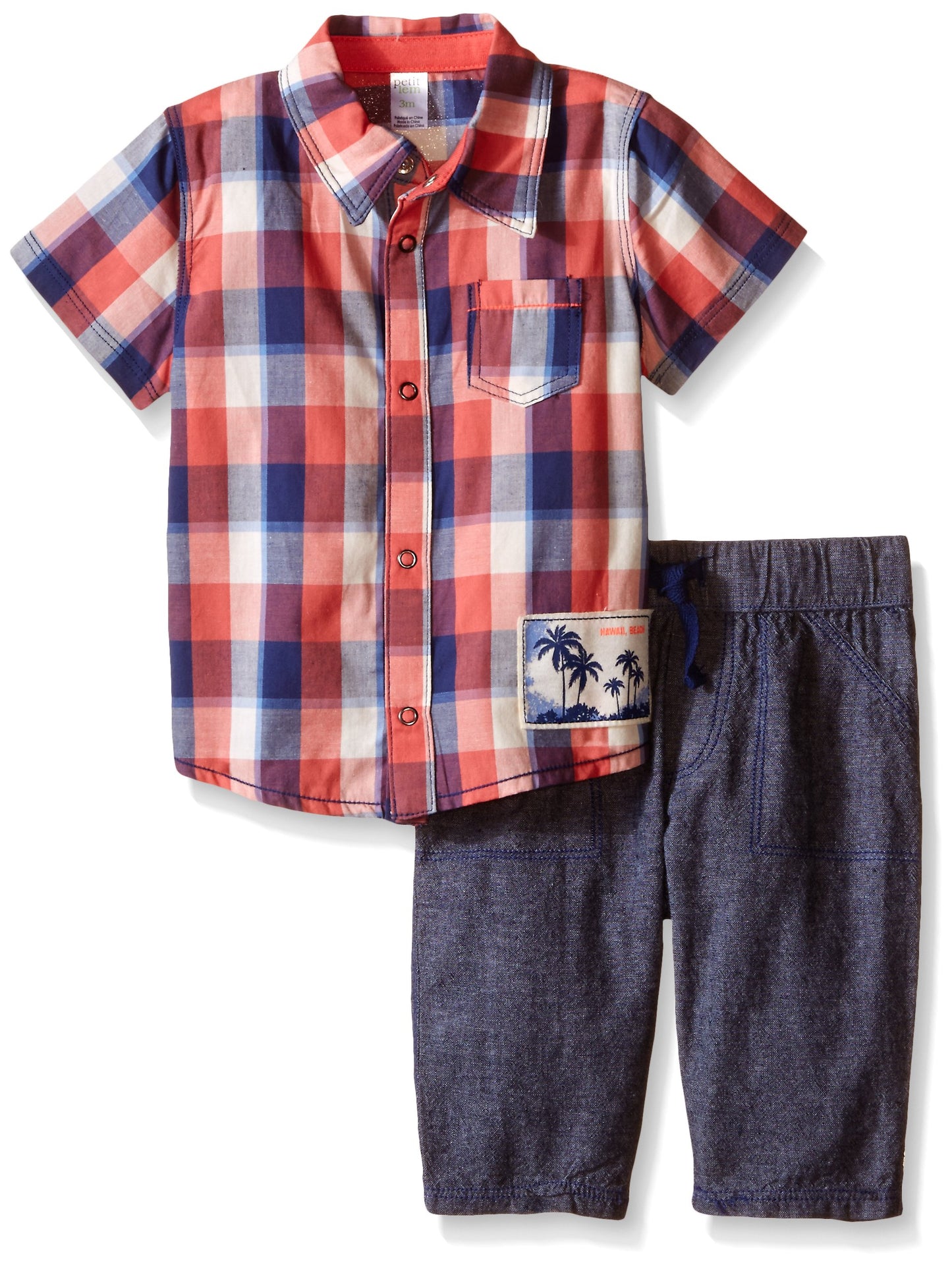 Petit Lem Baby Boys' 2 Piece Set Short Sleeve Shirt And Pant, B Blue/Red Plaid, 3 Months