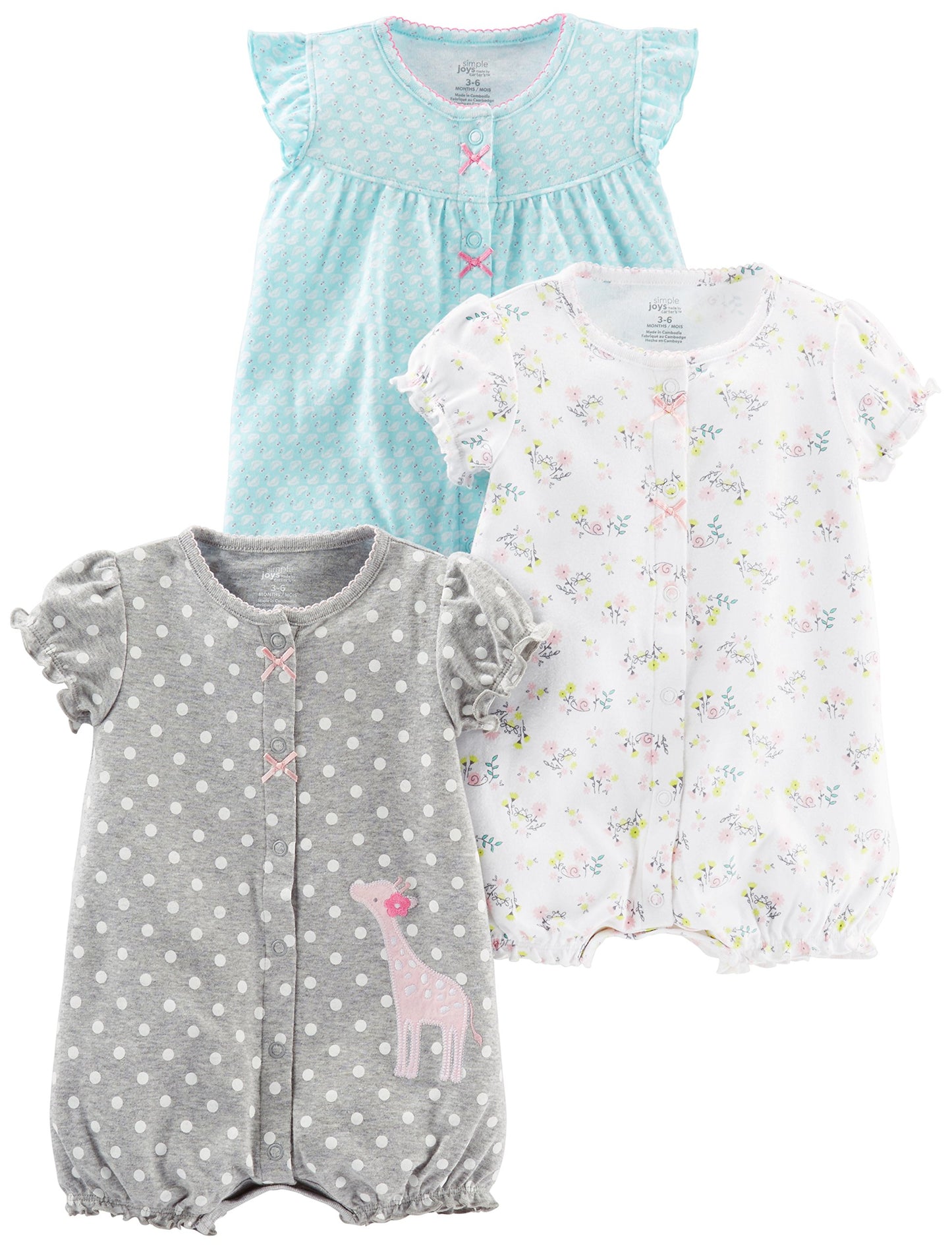Simple Joys by Carters Baby 3-pack Snap-up Rompers, blue swan/white floral/grey dot, 24 Months