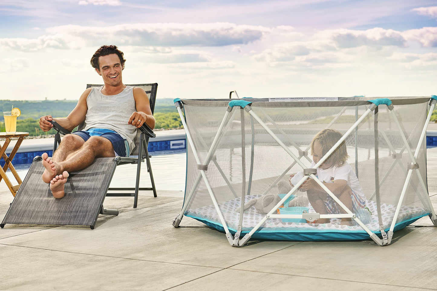 Regalo My Portable Play Yard Deluxe With Removable Pad, Indoor And Outdoor, Bonus Kit, Aqua, 6-Panel