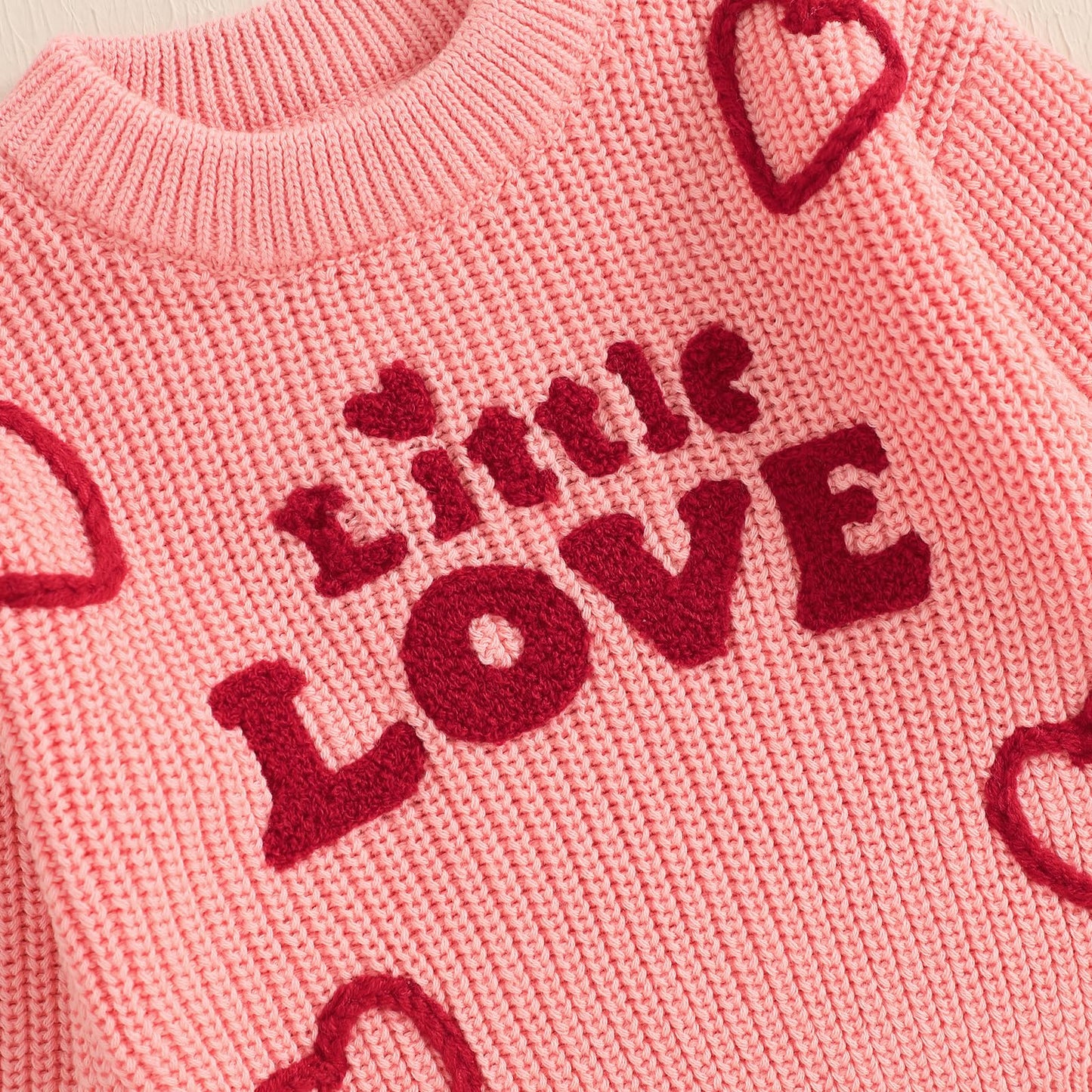 Toddler Baby Girl Valentines Day Outfit Little Love Heart Knit Sweater Long Sleeve Crewneck Pullover Fall Cute Top (Pink Little