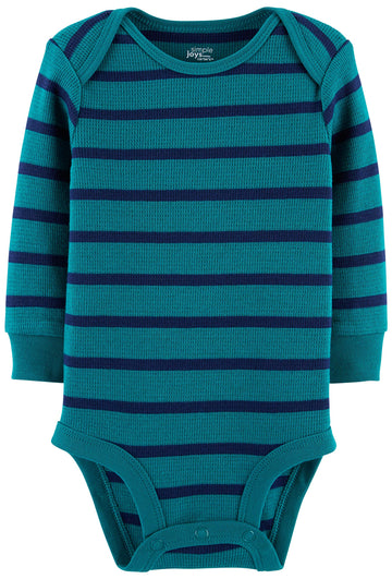 Simple Joys By Carter'S Unisex Babies' Long-Sleeve Thermal Bodysuits, Pack Of 4, Blue Heather/Grey Heather/Stripe, 3-6 Months