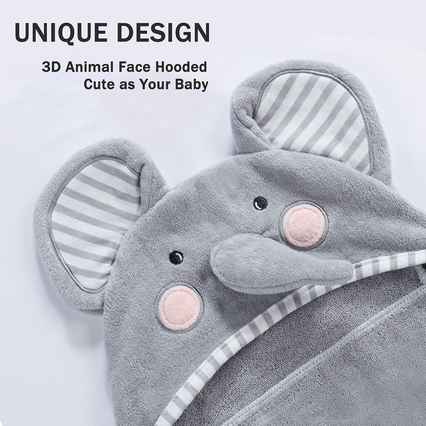 Tbezy Baby Hooded Towel With Unique Animal Design Ultra Soft Thick Cotton Bath Towel For Newborn (Elephant)