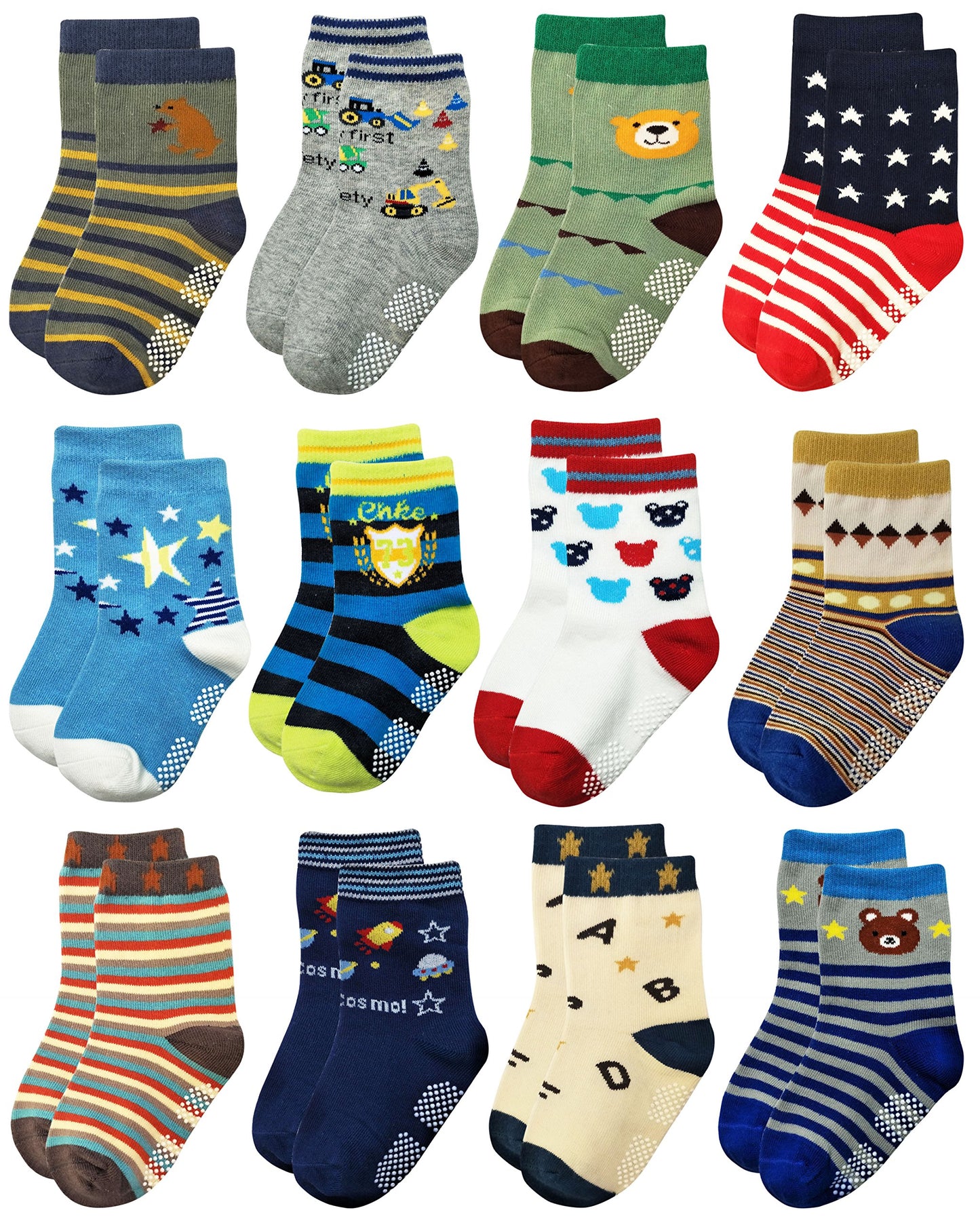 RATIVE Non Skid Anti Slip Crew Socks With Grips for Baby Toddlers Boys (1-3T, 12-pairs/RB-71518)