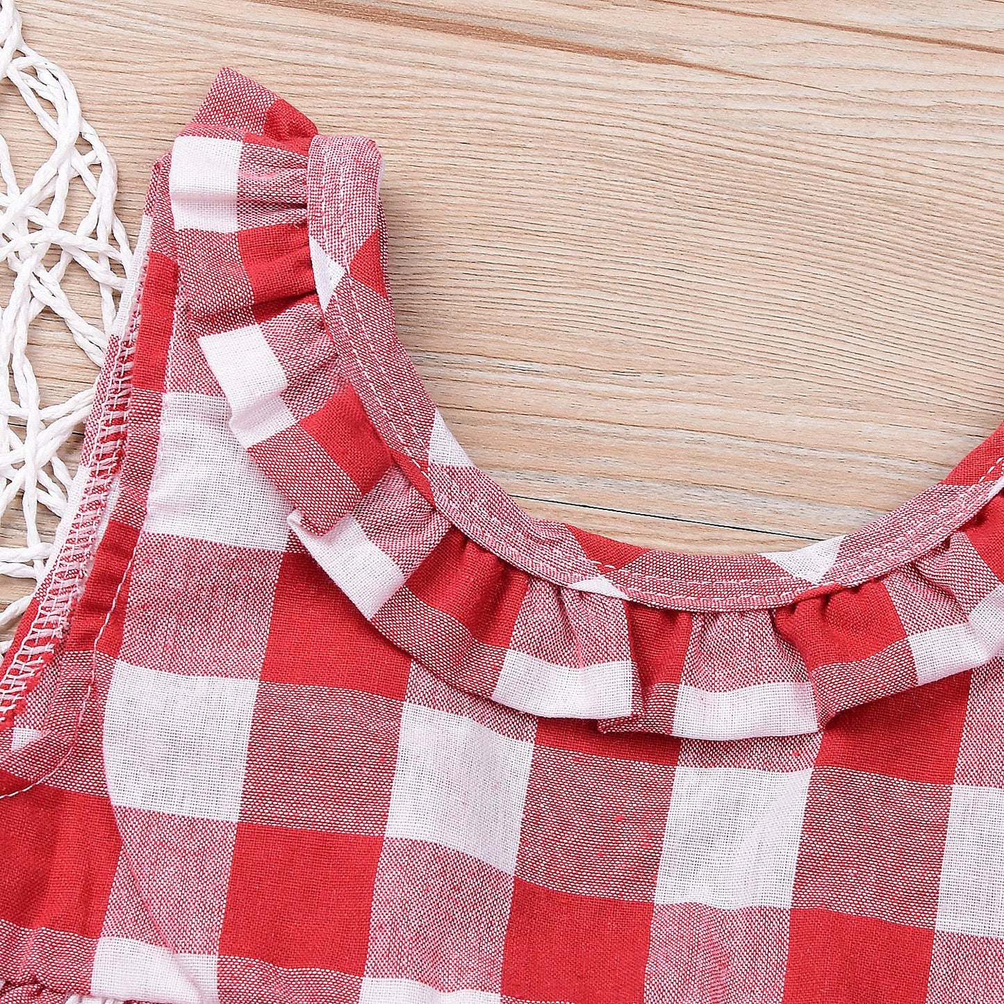 Iwoka Baby Girls Plaid Ruffle Bowknot Tank Top+Denim Shorts Outfit With Headband (80(6-12M), Red)