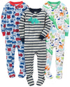 Simple Joys By Carter'S Baby Boys' 3-Pack Snug Fit Footed Cotton Pajamas, Blue Firetruck/Grey Stripe/White Dinosaur, 5T