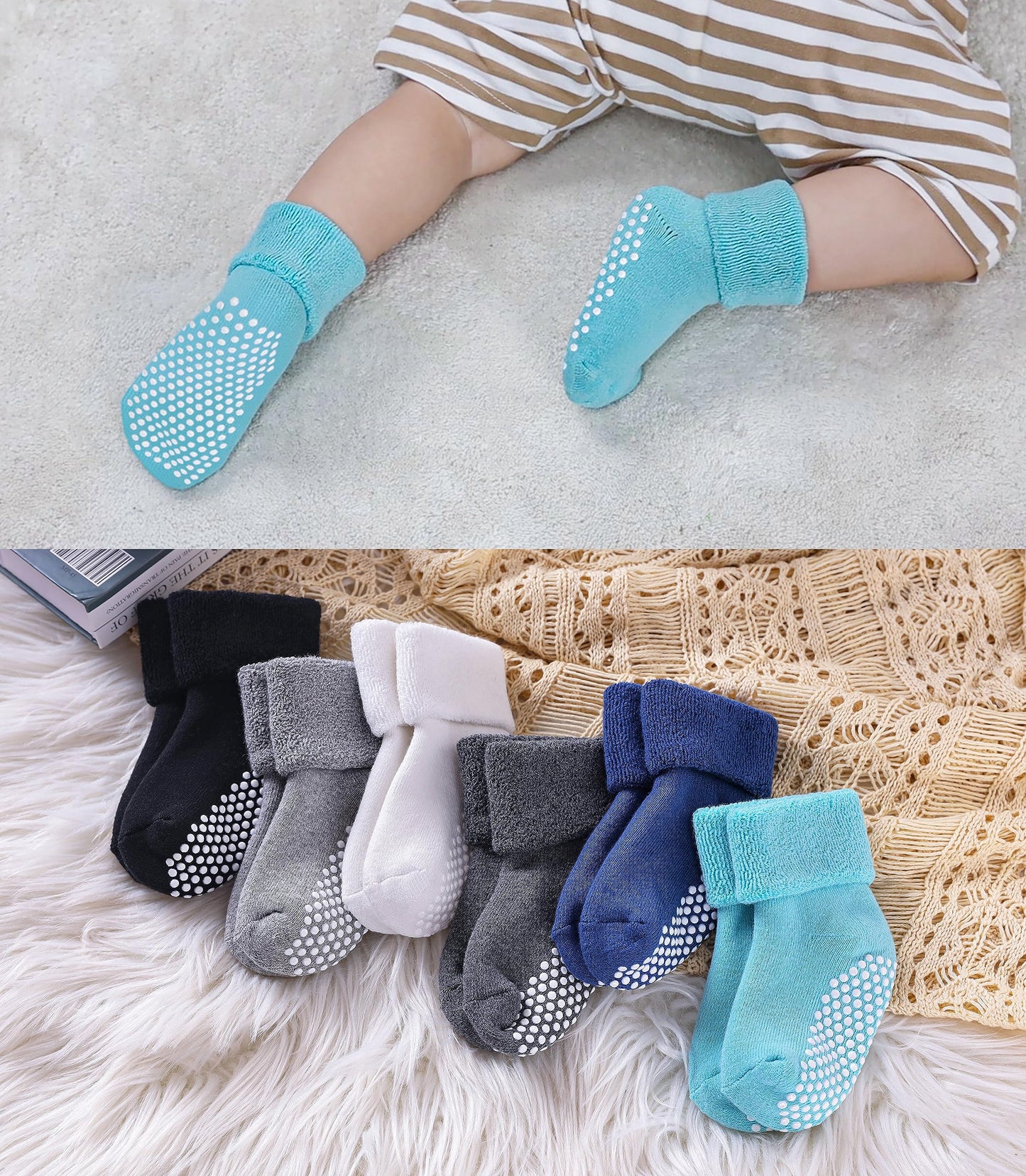 Sdbing Baby Boys Girls Grips Socks Infant Toddlers Kids Non Slip Warm Thick Cotton Ankle Crew Socks With Grippers (3-12 Months,