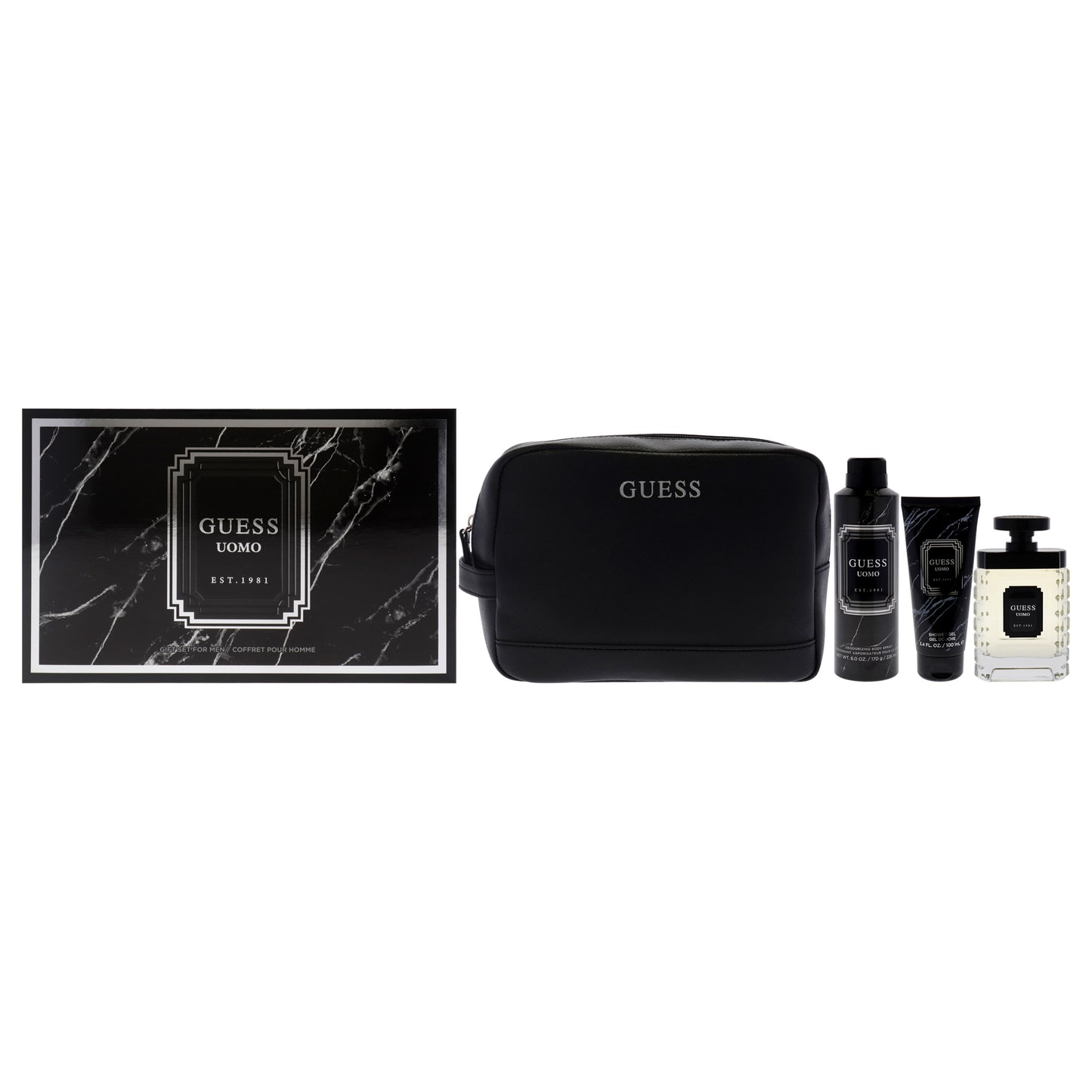 Guess Uomo By Guess For Men - 4 Pc Gift Set 3.4Oz Edt Spray, 6Oz Deodorizing Body Spray, 3.4Oz Shower Gel, Pouch
