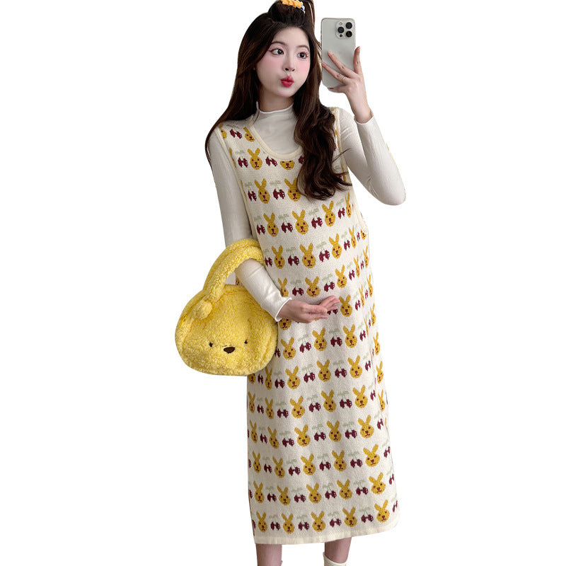 Real Shot in stock Autumn and Winter Base Shirt Loose Age-reducing Cute Rabbit Knitted Vest Dress Trendy Mom Two-piece Set