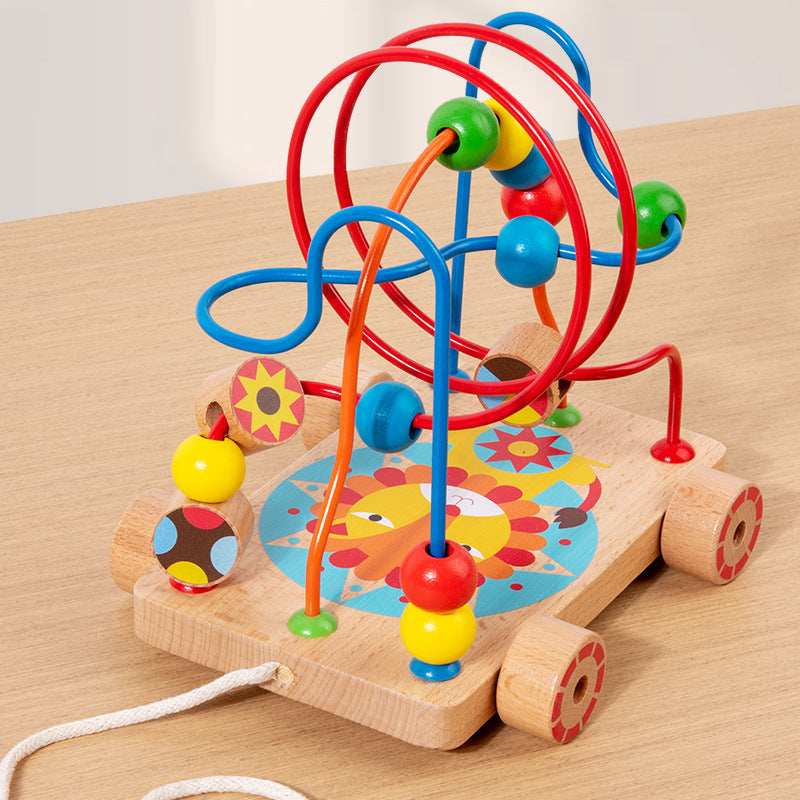 Children's Early Education Second-Line and Third-Line Bead Puzzle Beaded Hand-Eye Coordination Animal Maze Track Trailer Wooden Toy