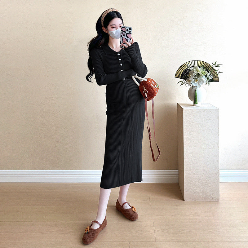 Internet Celebrity Maternity Dress Fashion Elegant Slimming Mid-length Knitted New Solid Color Lapp Fashion Pregnant Women dress