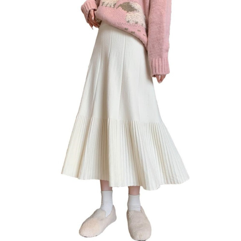 in stock Pregnant Women's Knitted Pleated Skirt Autumn and Winter New plus size Non-abdominal Slimming Mid-length A- line Umbrella Skirt