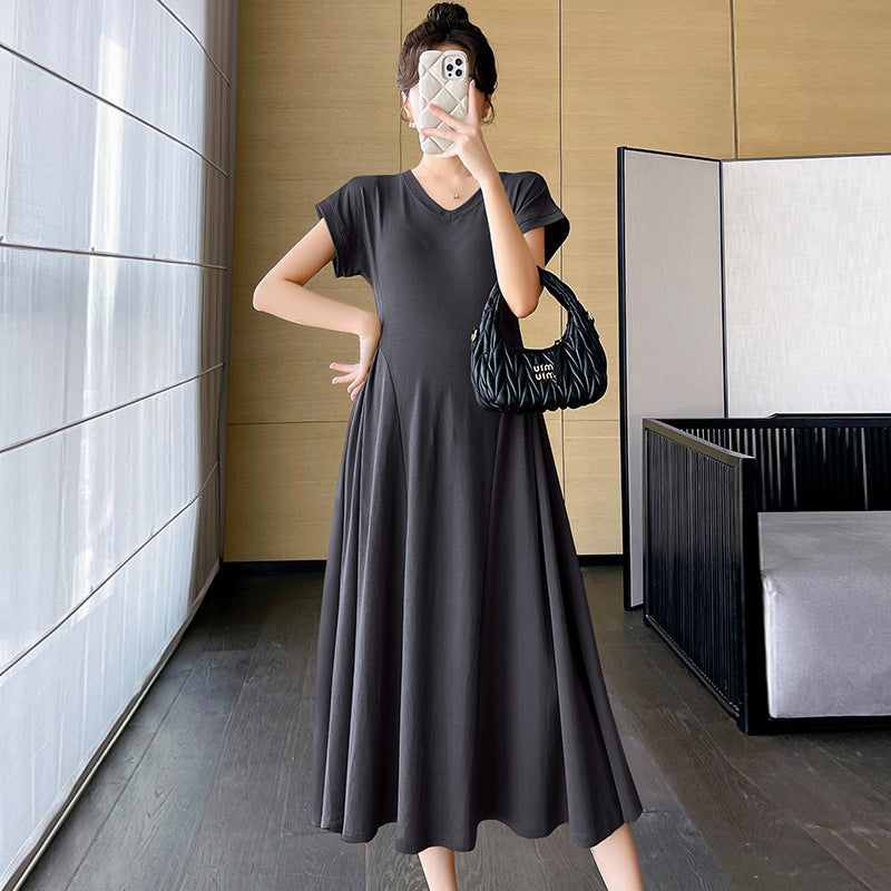 dress Maternity Summer Women's Online Celebrity V-neck Fashionable Temperament Girdle Slimming Belly Covering A- line dress Maternity