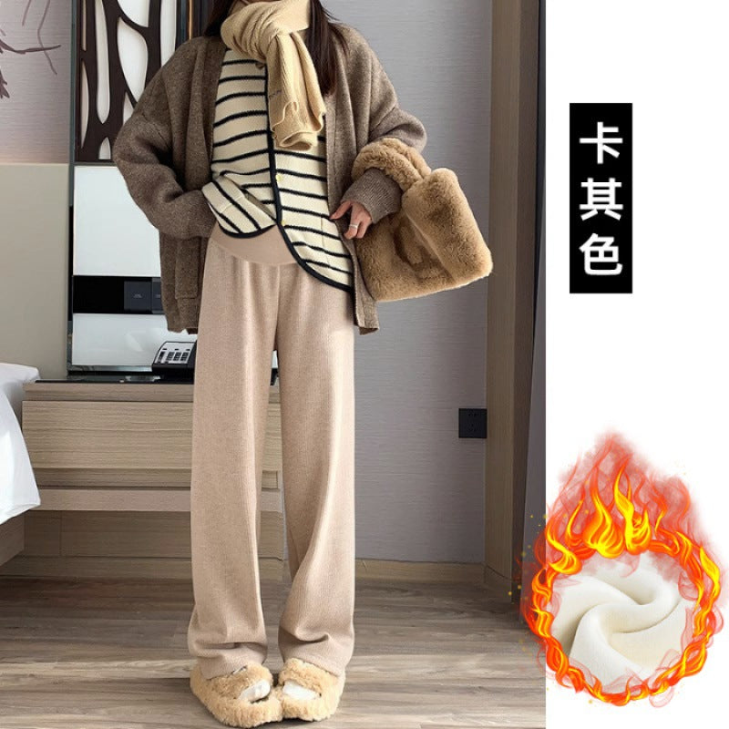 Maternity clothes 2024 autumn and winter New Korean style fashionable cashmere stripe fleece-lined thickened belly support wide-leg pants for pregnant women