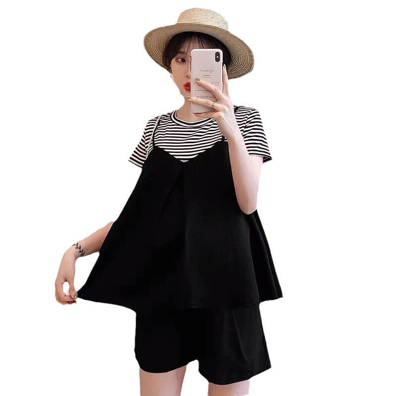 Maternity 2023 Summer Maternity Fake Three-piece Striped Short-sleeved T-shirt Top Abdominal Pants Shorts Two-piece Set