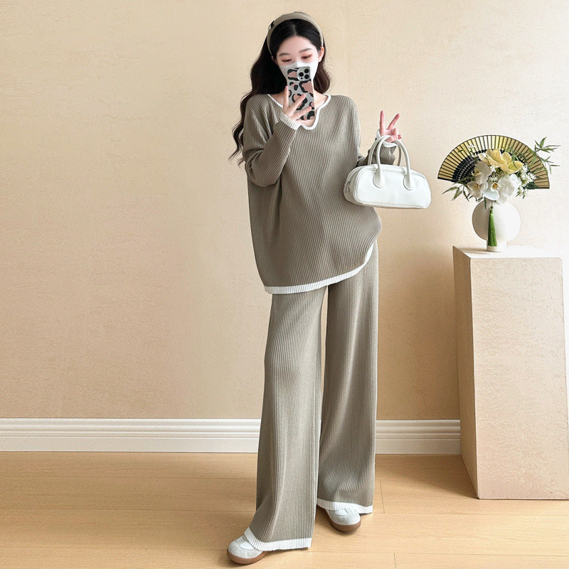 Spring 2025 New Pregnant Mother plus size V-neck Contrast Color Stitching Knitted Lazy Elegant Fashion Loose suit
