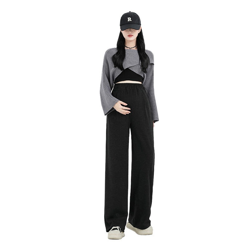 Pregnant women's pants autumn and winter new fleece-lined wide leg pants side drawstring before and after pregnancy can wear pants