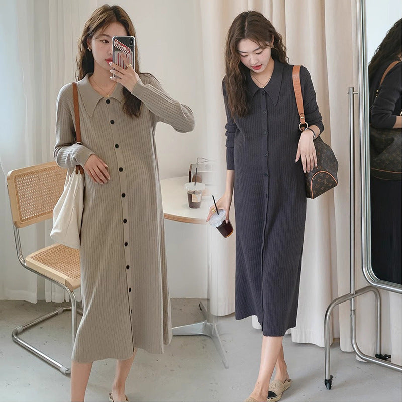 Pregnant women autumn dress 2024 new fashion French sweet doll collar knitted dress