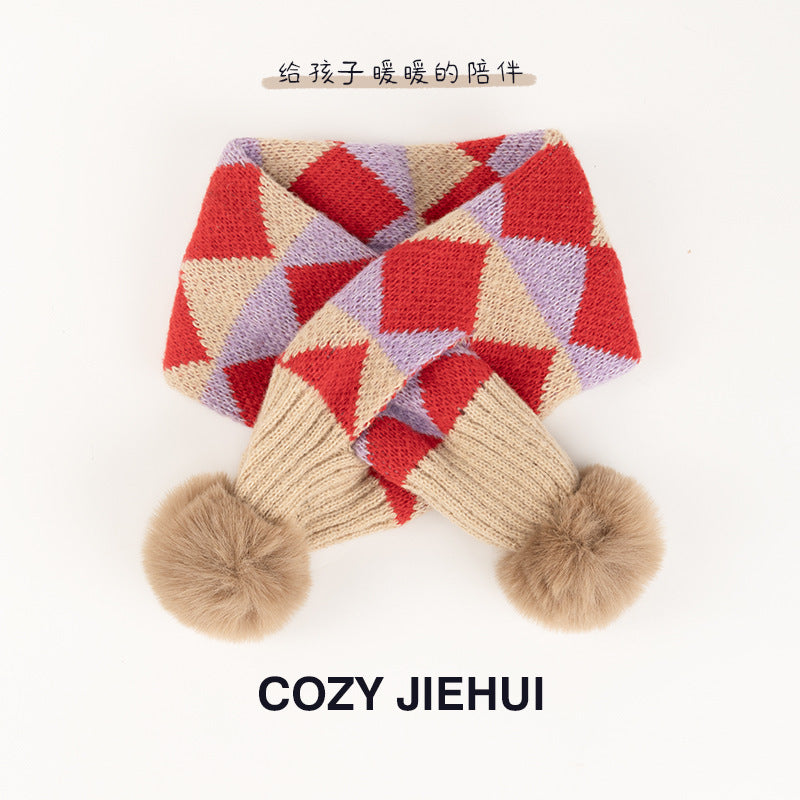 Plaid Retro Kidsren's Scarf Knitted Fur Ball Cross Scarf Autumn and Winter Warm and Cute Soft Windproof Scarf for Boys and Girls