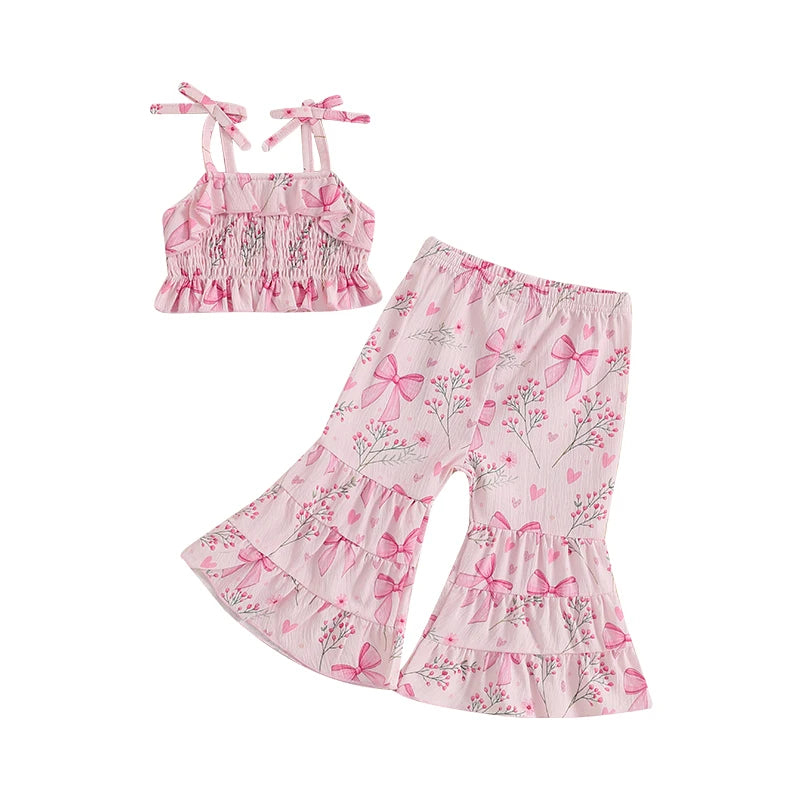 Lioraitiin Toddler Baby Girl Summer Outfit Sunflower/Cherry Print Ruffled Trim Spaghetti Straps Tops and Bell Bottoms 2Pcs Set