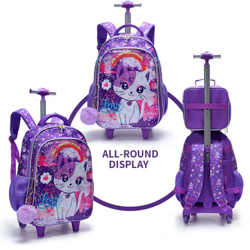 3PCS Set Rolling Backpack For Girls, Cute Cartoon Cat Sequin Wheeled Bookbag For Elementary Students, With Lunch Box And Pen Bag