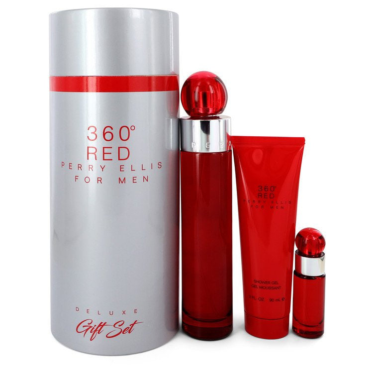 Perry Ellis 360 Red By Perry Ellis Gift Set -- 3.4 Oz Eau De Toilette Spray + .25 Oz Mini Edt Spray + 3 Oz Shower Gel In Tube Bo