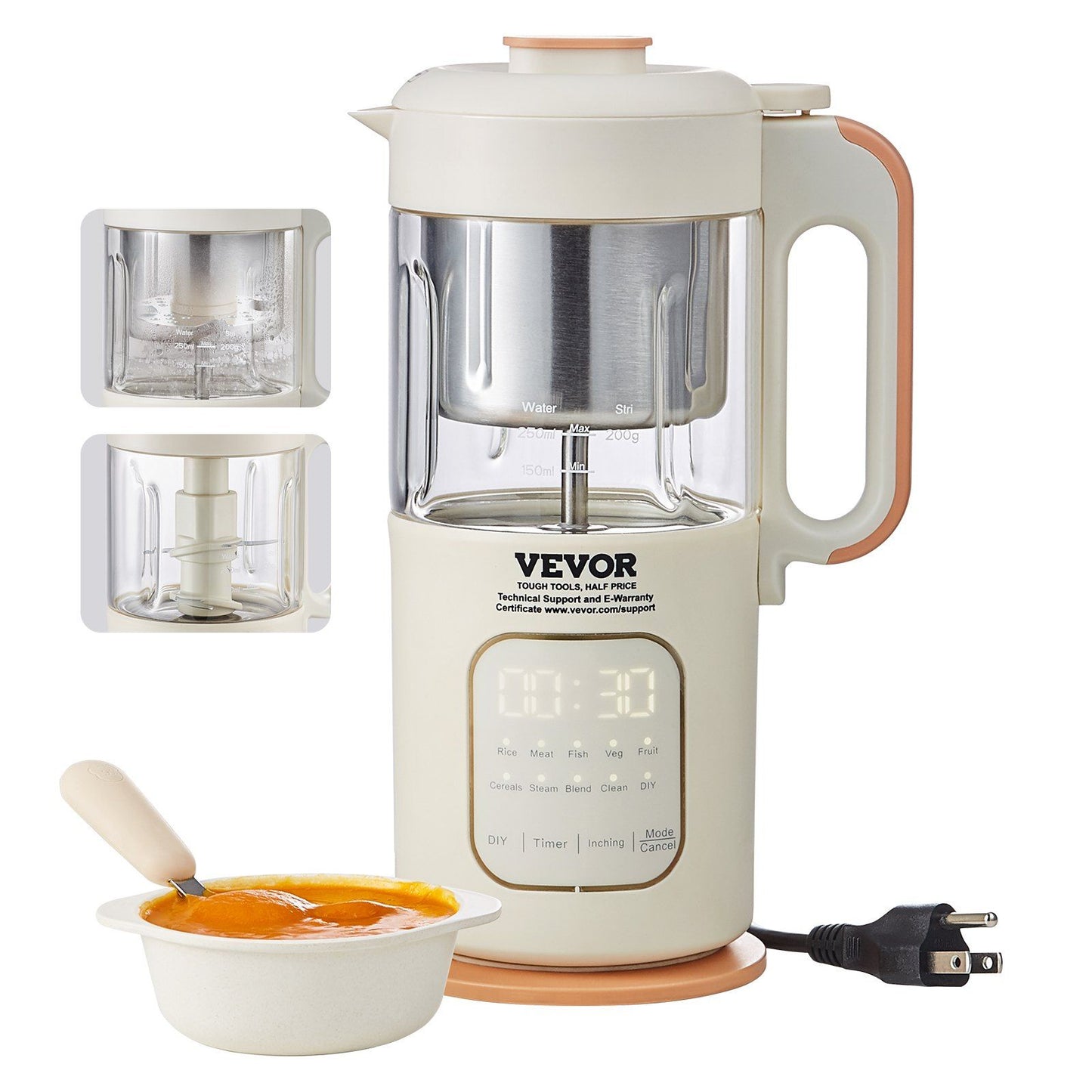 Vevor Baby Food Maker, 500W Baby Food Processor With 300 Ml Glass Bowl, Sus304 Stainless Steel 4-Blade Baby Food Puree Blender S