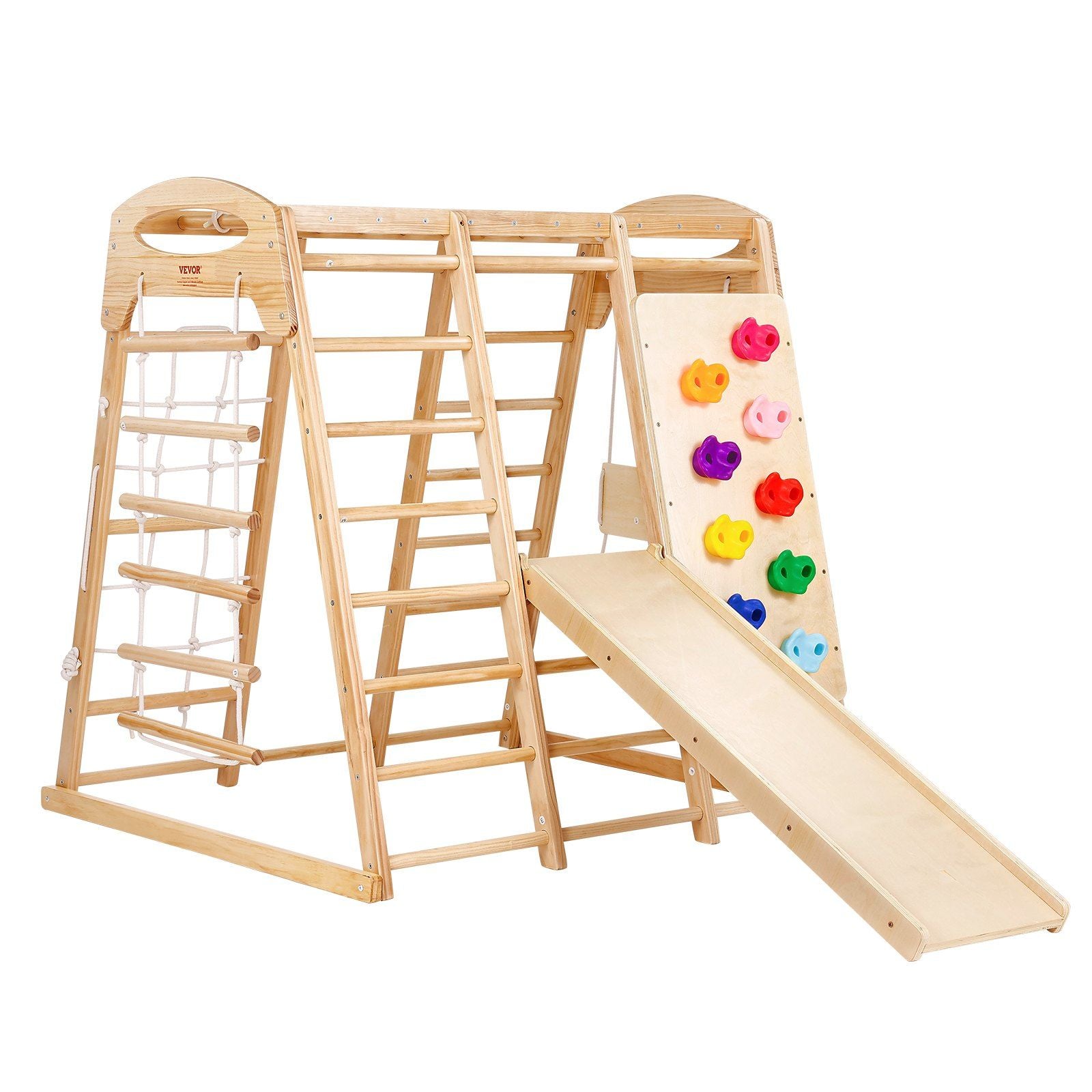 Vevor Indoor Jungle Gym, 7-In-1 Toddler Indoor Playground, Wooden Toddler Climbing Toys Indoor With Wood & Rope Ladder, Net Ladd